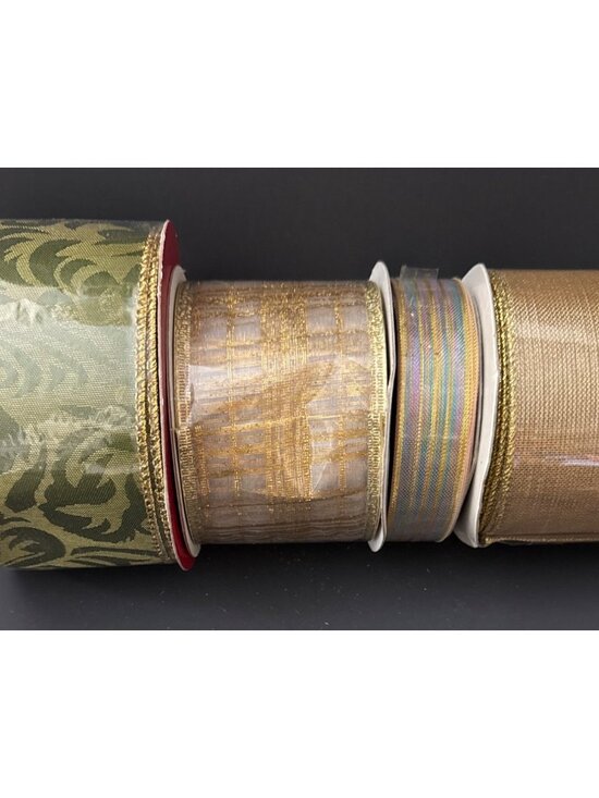4 Assorted Spools Wire Ribbon Gold Green - Picture 1 of 2